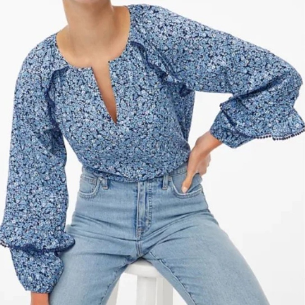 J Crew Factory ditsy floral Pom-Pom trimmed ruffled v neck peasant blouse sz L